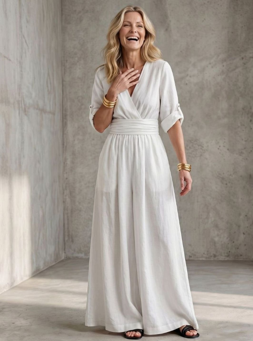 Women's Cross-Front Wide-Leg Maxi Jumpsuit Gathered Waist