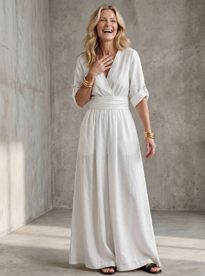Women's Cross-Front Wide-Leg Maxi Jumpsuit Gathered Waist