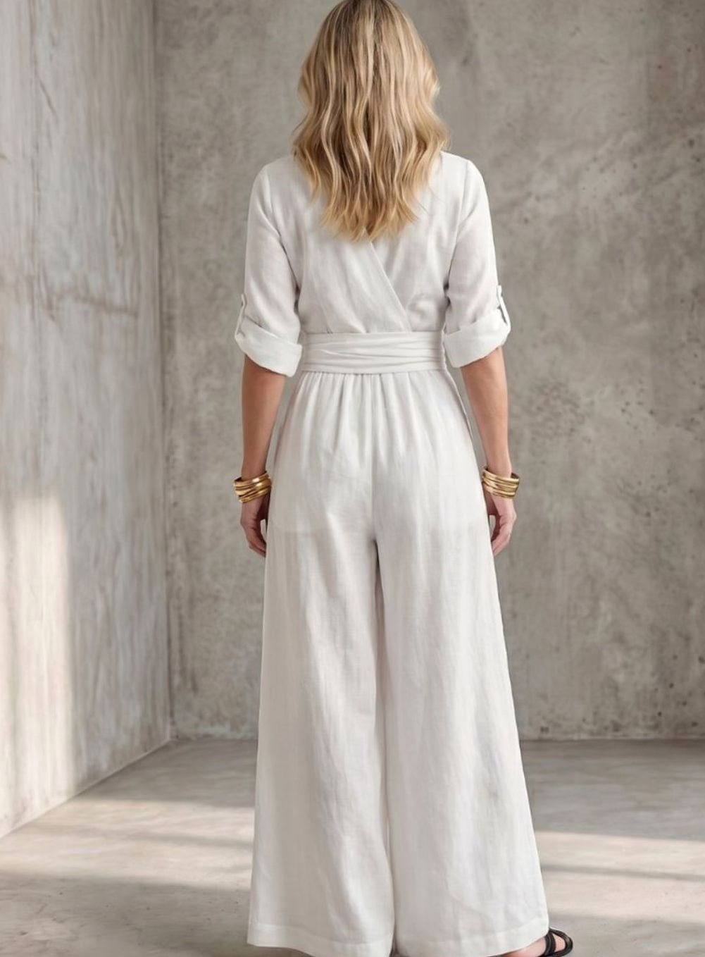 Women's Cross-Front Wide-Leg Maxi Jumpsuit Gathered Waist