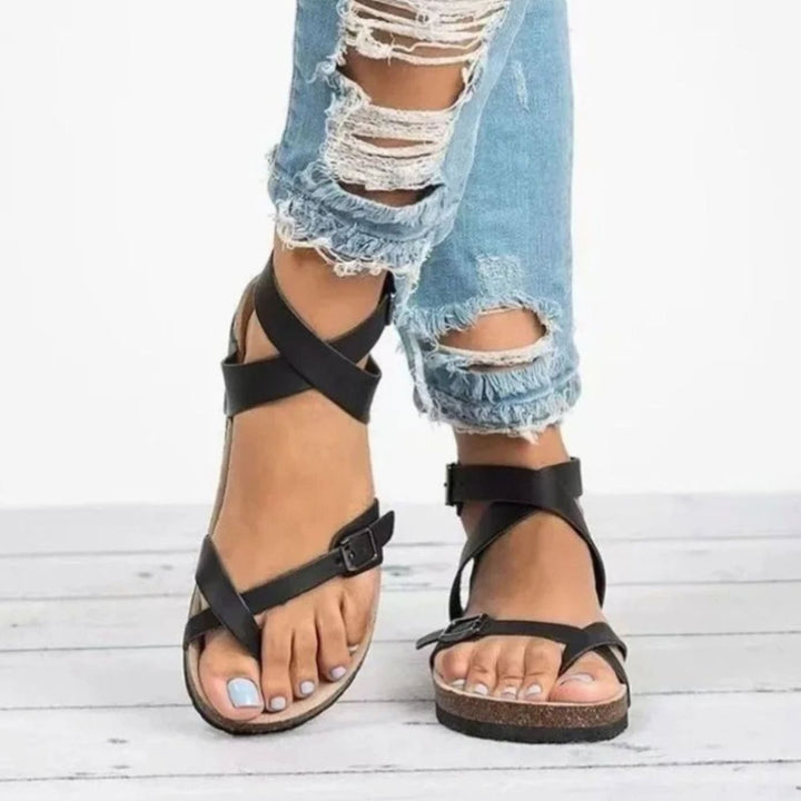 Women's Crossover Ankle Strap Flat Cork Footbed Open-Toe Sandals