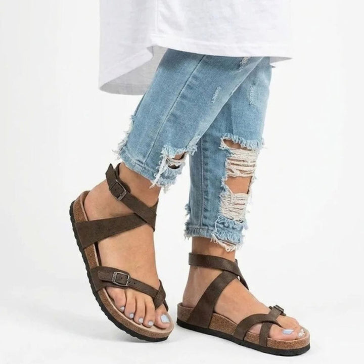 Women's Crossover Ankle Strap Flat Cork Footbed Open-Toe Sandals