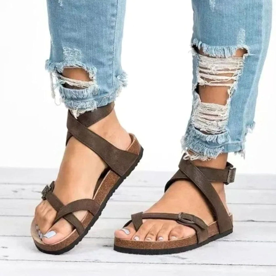Women's Crossover Ankle Strap Flat Cork Footbed Open-Toe Sandals