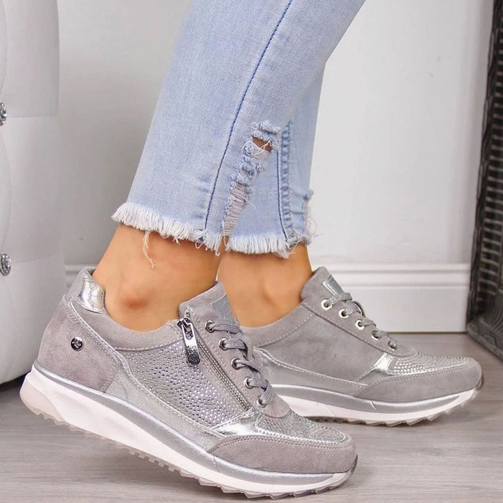 Women's Cushioned Suede Lace-Up Side-Zip Embellished Trainers