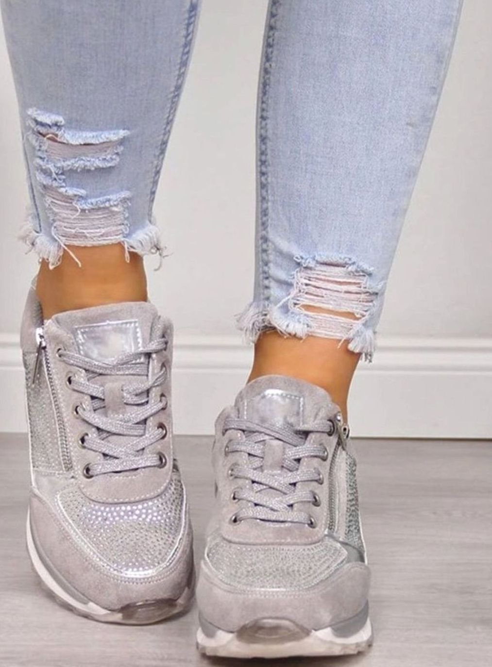 Women's Cushioned Suede Lace-Up Side-Zip Embellished Trainers