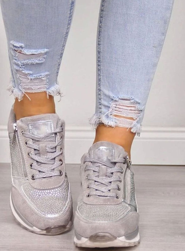 Women's Cushioned Suede Lace-Up Side-Zip Embellished Trainers