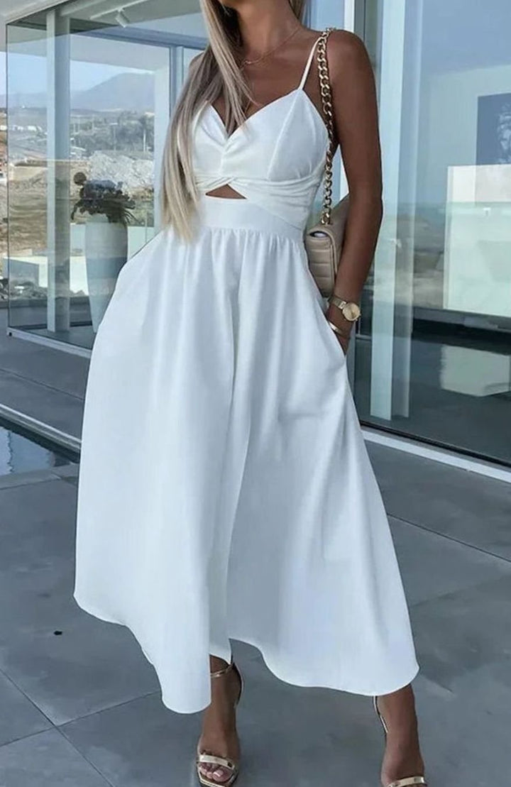 Women's Cut-Out Twist Bodice Spaghetti Strap Front Slit Midi Dress