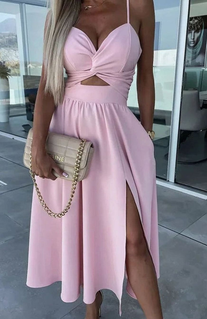 Women's Cut-Out Twist Bodice Spaghetti Strap Front Slit Midi Dress, Hot Pink