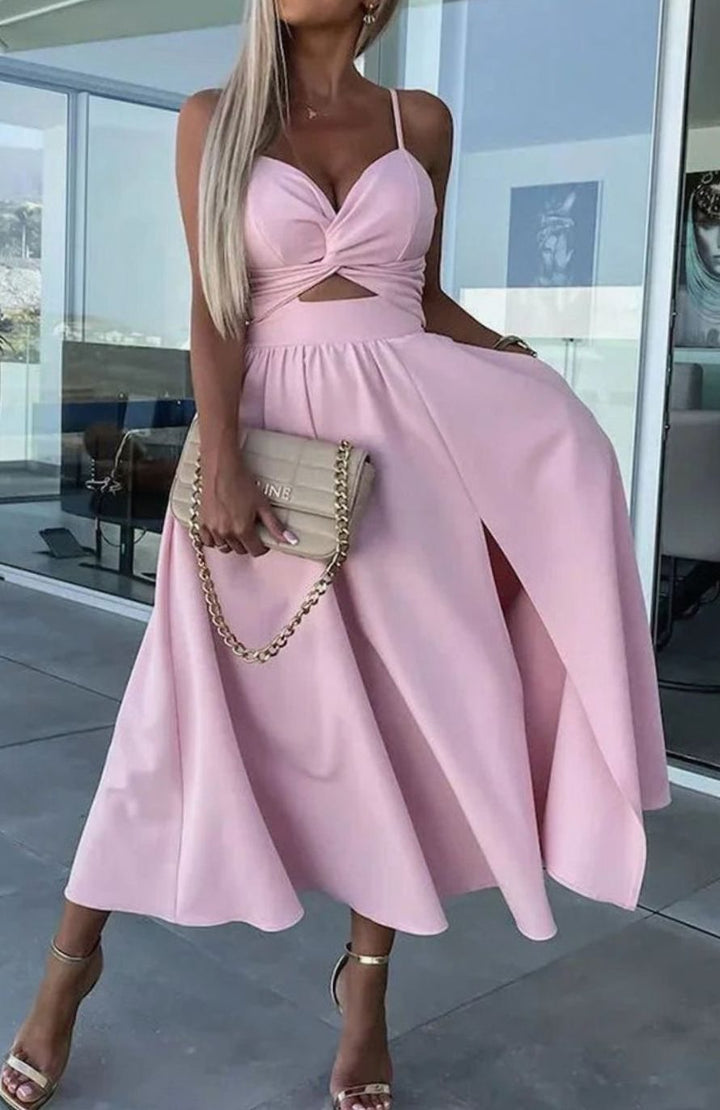 Women's Cut-Out Twist Bodice Spaghetti Strap Front Slit Midi Dress