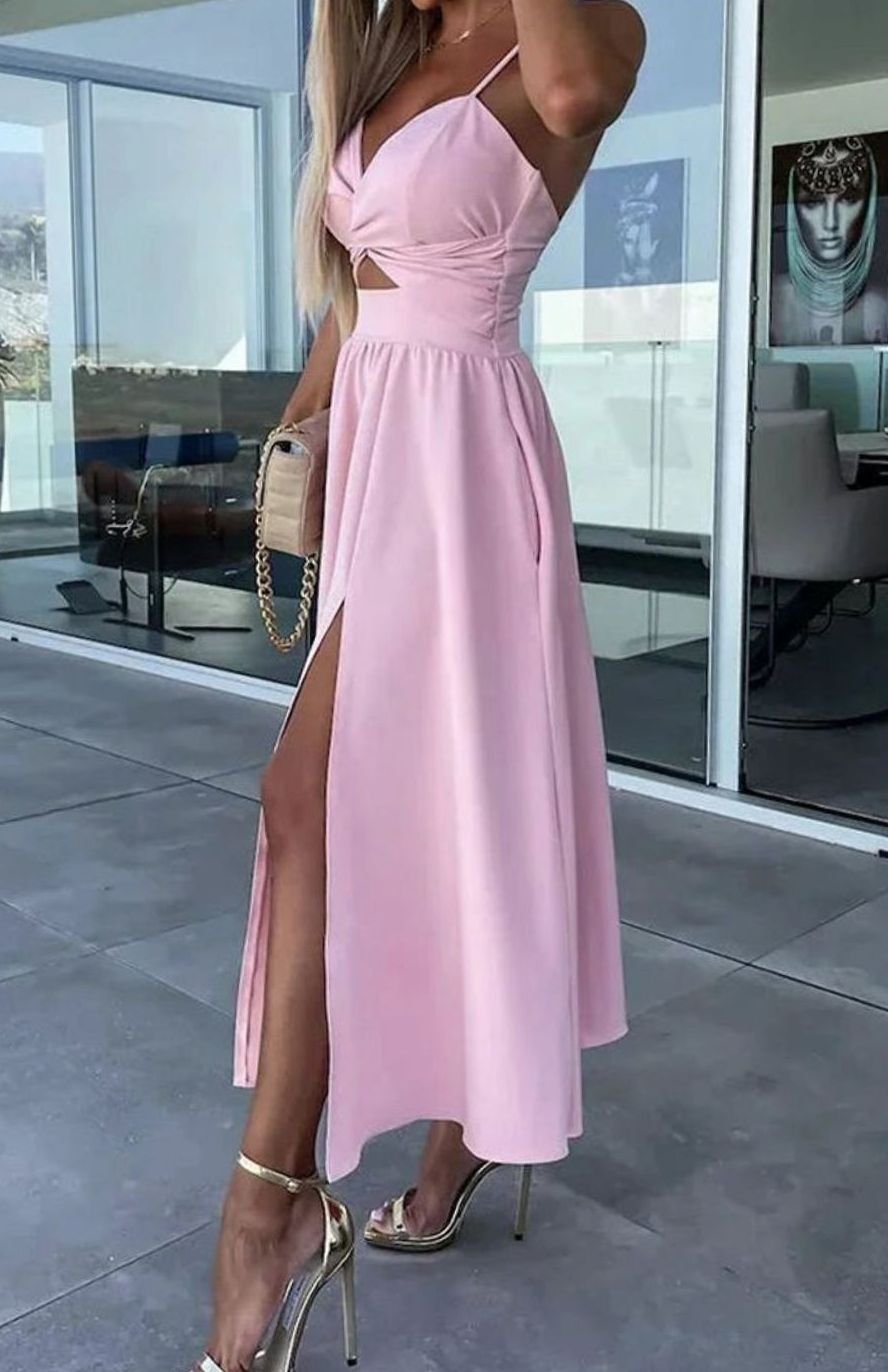 Women's Cut-Out Twist Bodice Spaghetti Strap Front Slit Midi Dress