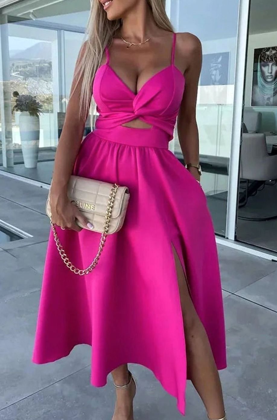 Women's Cut-Out Twist Bodice Spaghetti Strap Front Slit Midi Dress, Hot Pink