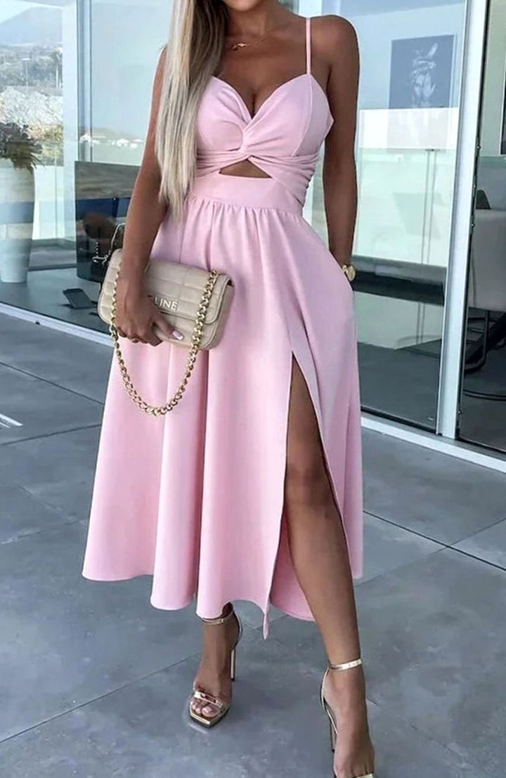 Women's Cut-Out Twist Bodice Spaghetti Strap Front Slit Midi Dress