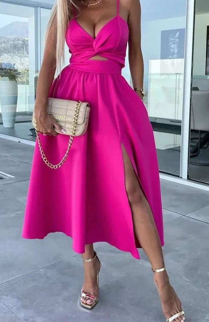 Women's Cut-Out Twist Bodice Spaghetti Strap Front Slit Midi Dress, Hot Pink
