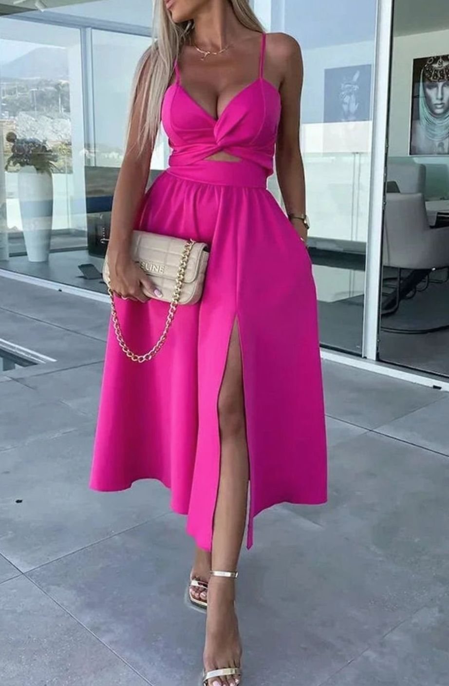 Women's Cut-Out Twist Bodice Spaghetti Strap Front Slit Midi Dress, Hot Pink