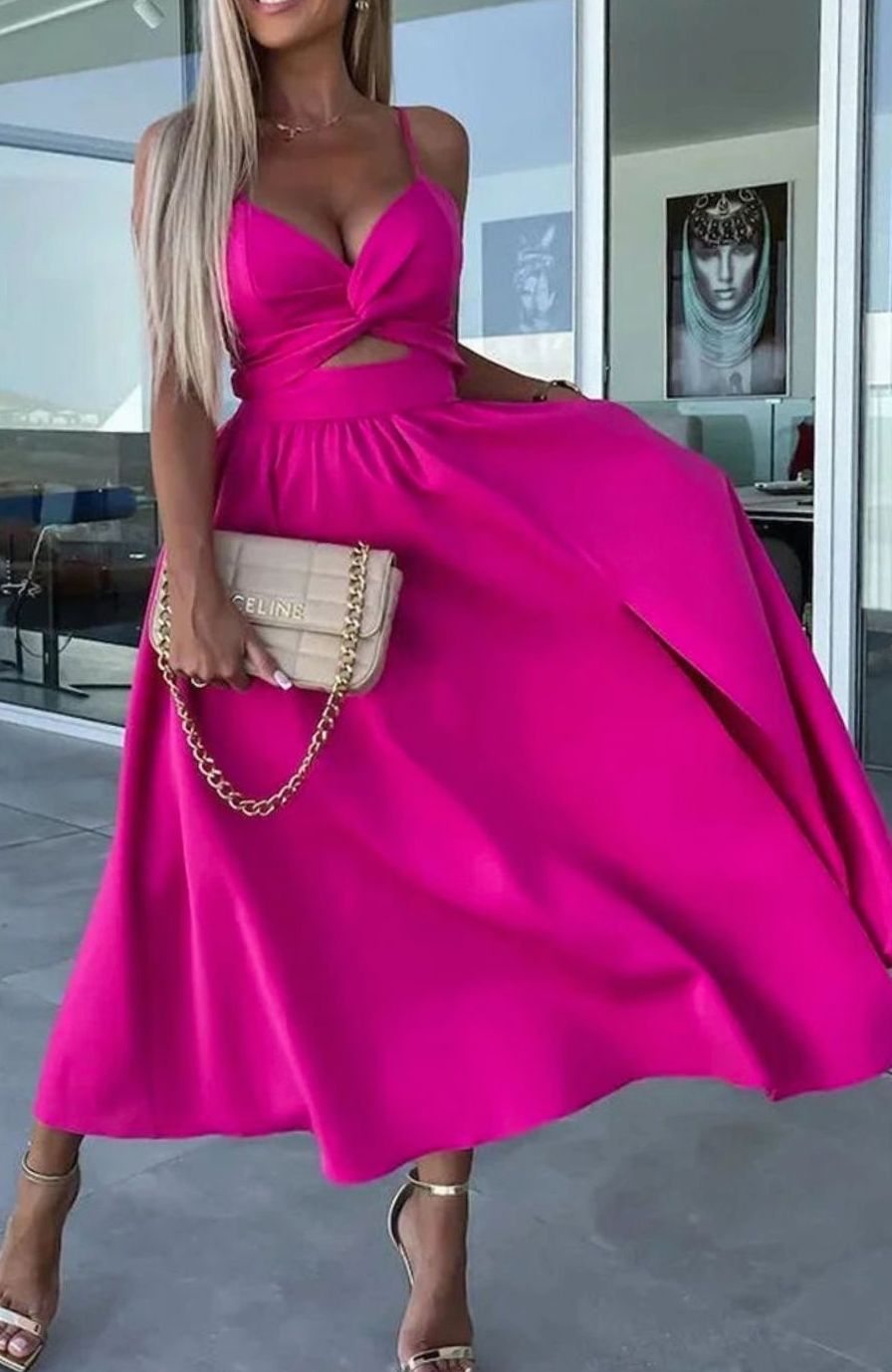 Women's Cut-Out Twist Bodice Spaghetti Strap Front Slit Midi Dress, Hot Pink