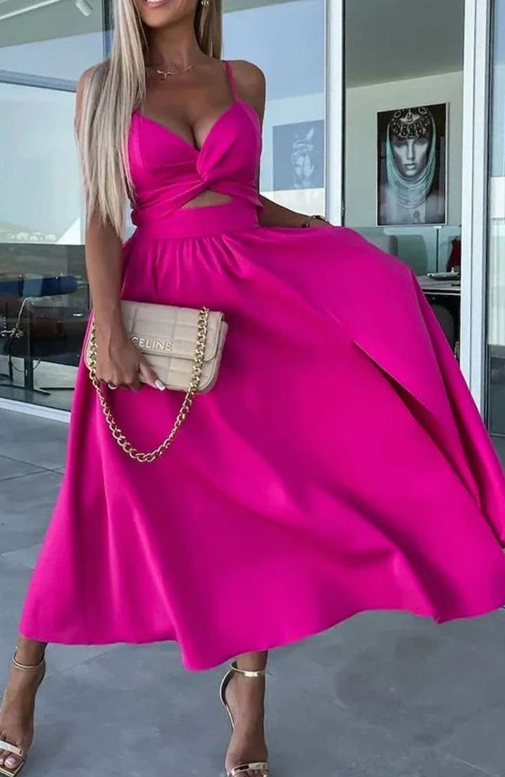 Women's Cut-Out Twist Bodice Spaghetti Strap Front Slit Midi Dress, Hot Pink