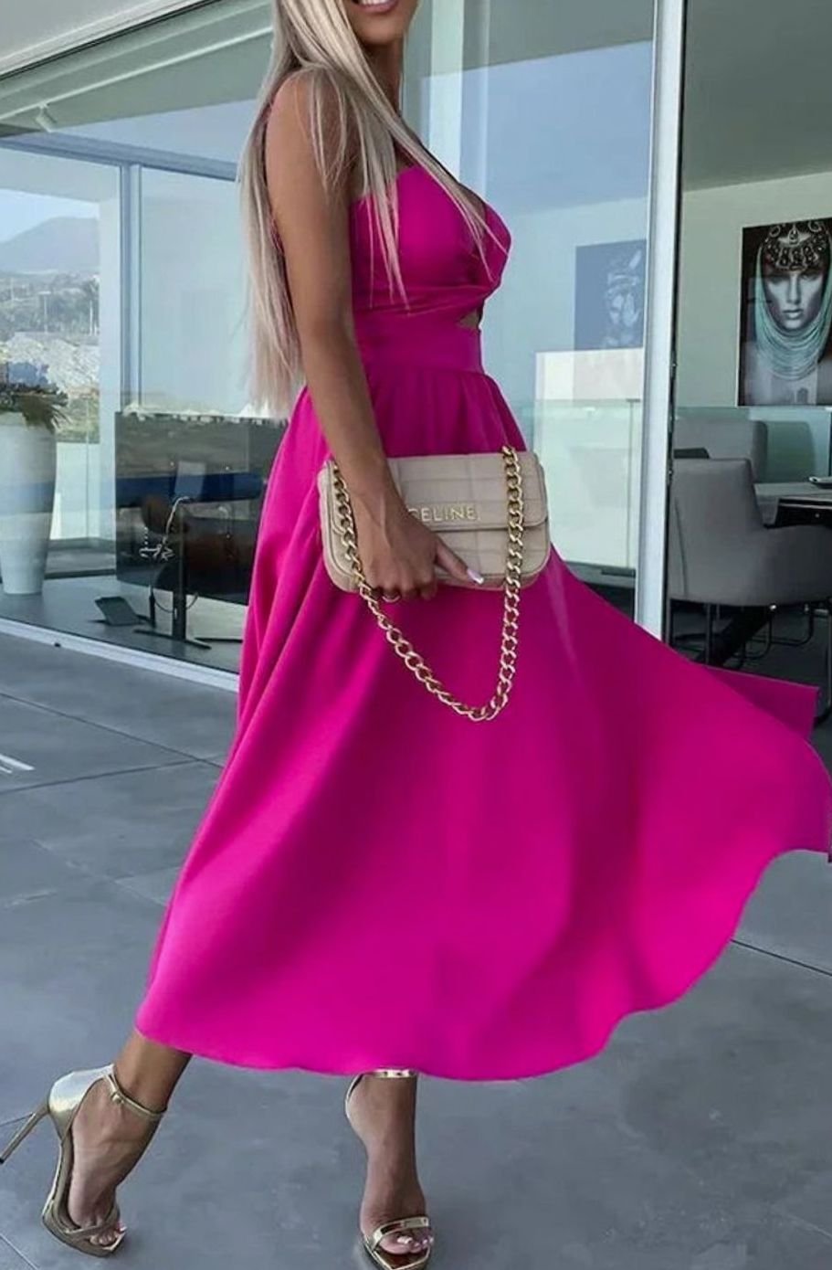 Women's Cut-Out Twist Bodice Spaghetti Strap Front Slit Midi Dress