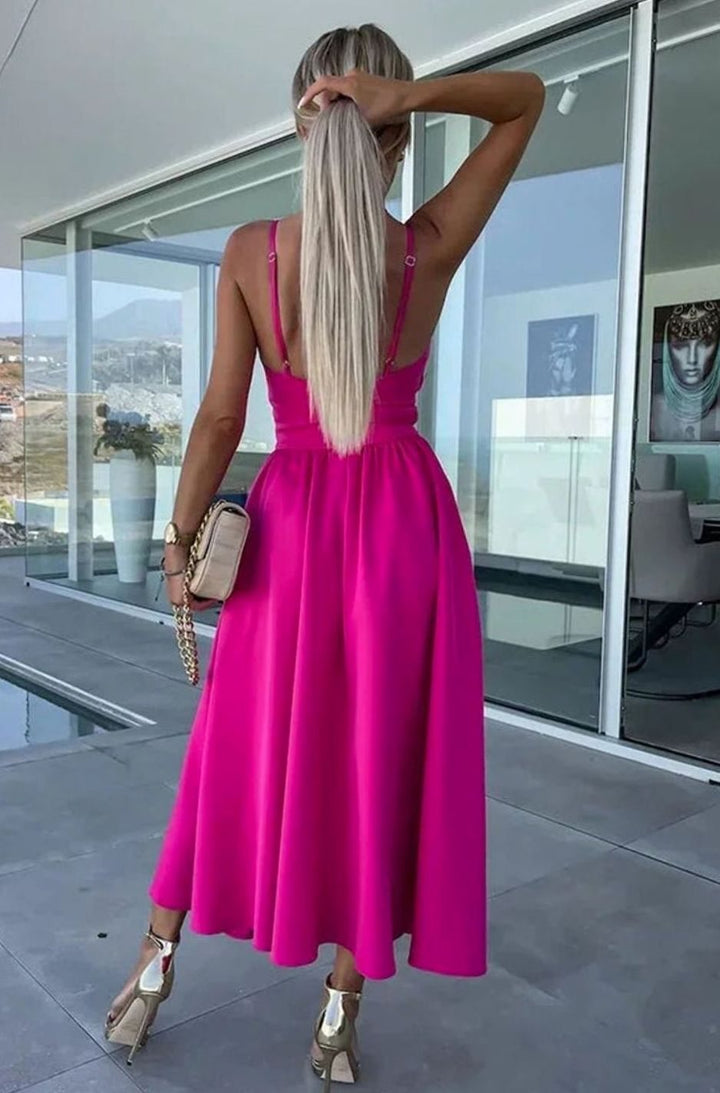 Women's Cut-Out Twist Bodice Spaghetti Strap Front Slit Midi Dress, Hot Pink