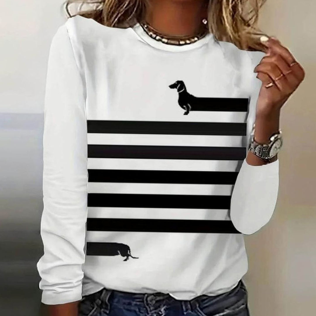 Women's Dachshund Print Striped Crew-Neck Long-Sleeve Top
