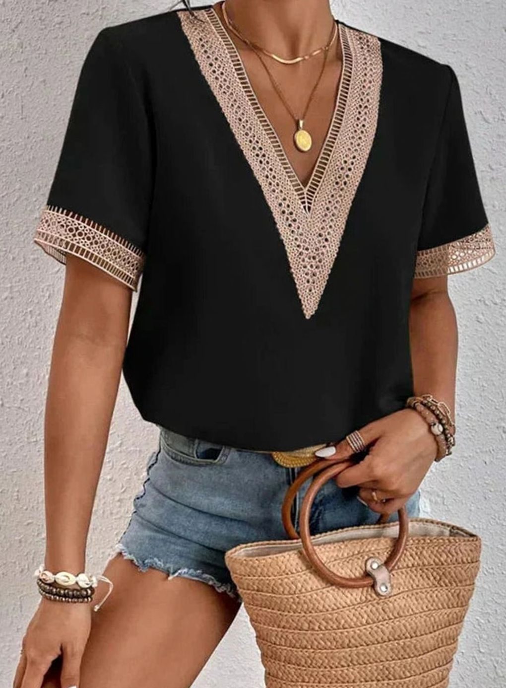 Women's Deep V-Neck Lace Trim Short Sleeve Cotton Blouse - Black