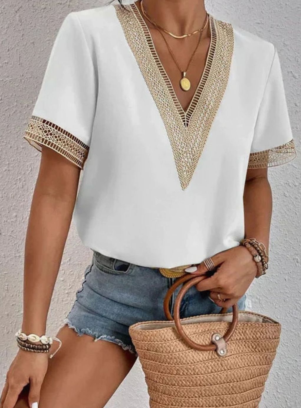 Women's Deep V-Neck Lace Trim Short Sleeve Cotton Blouse - White