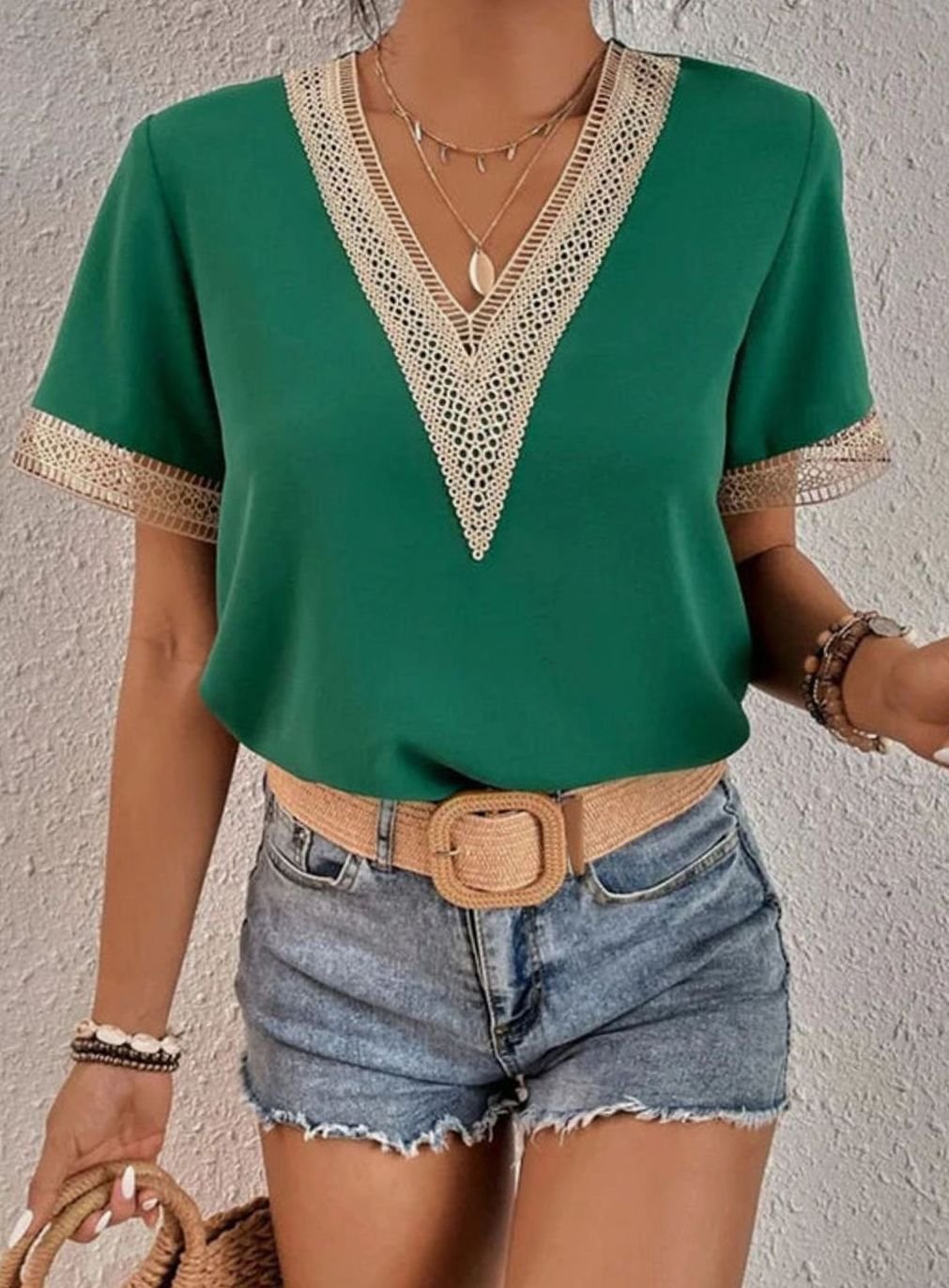 Women's Deep V-Neck Lace Trim Short Sleeve Cotton Blouse - Green