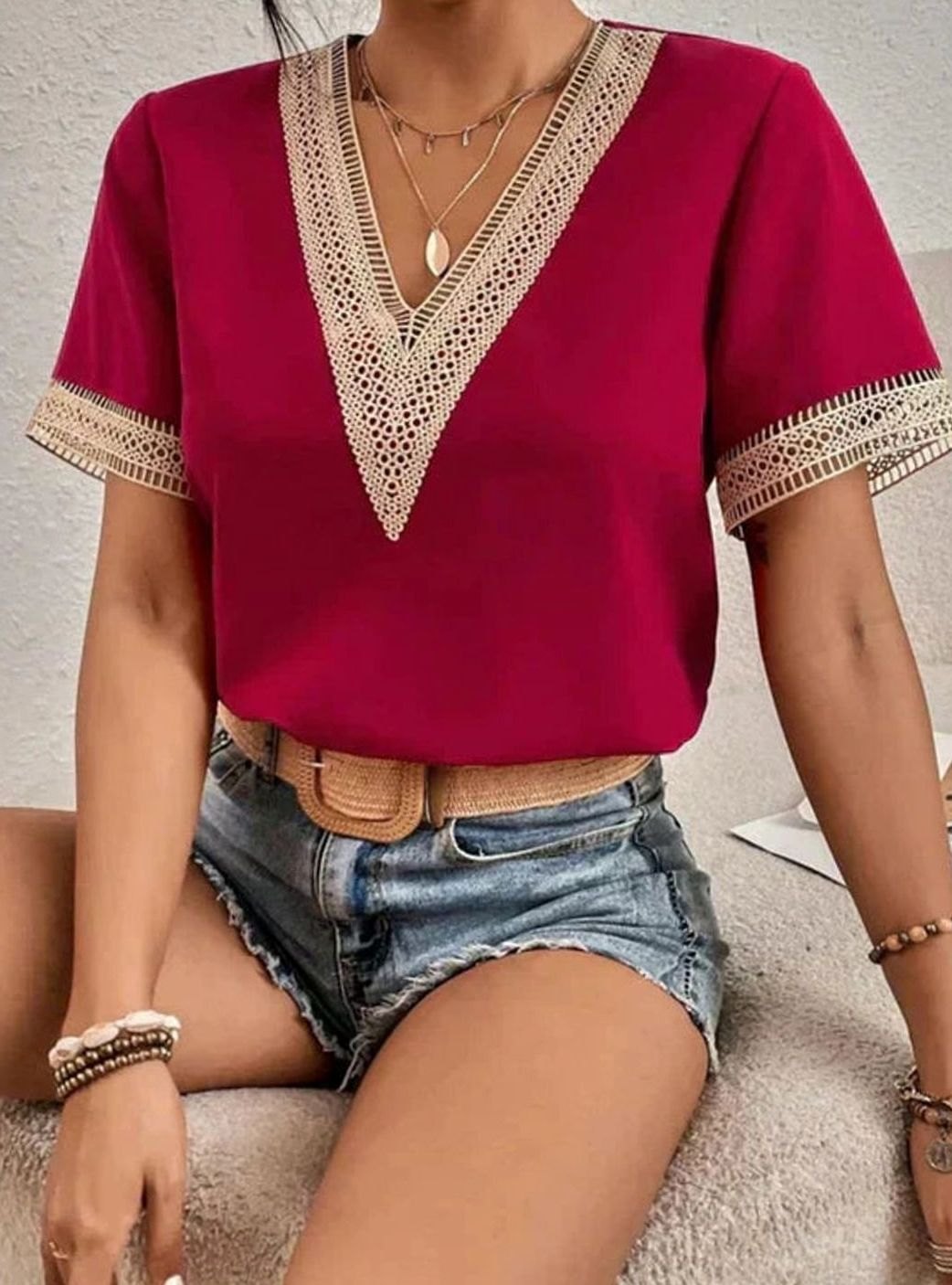 Women's Deep V-Neck Lace Trim Short Sleeve Cotton Blouse - Red