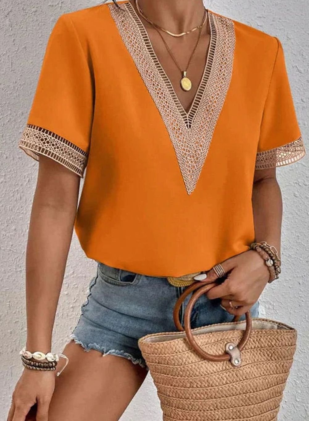 Women's Deep V-Neck Lace Trim Short Sleeve Cotton Blouse - Orange