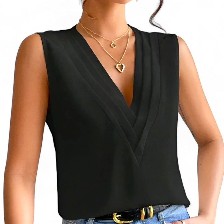 Women's Deep V-Neck Sleeveless Pleated Loose Blouse - Black