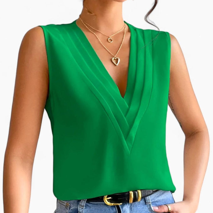 Women's Deep V-Neck Sleeveless Pleated Loose Blouse - Green