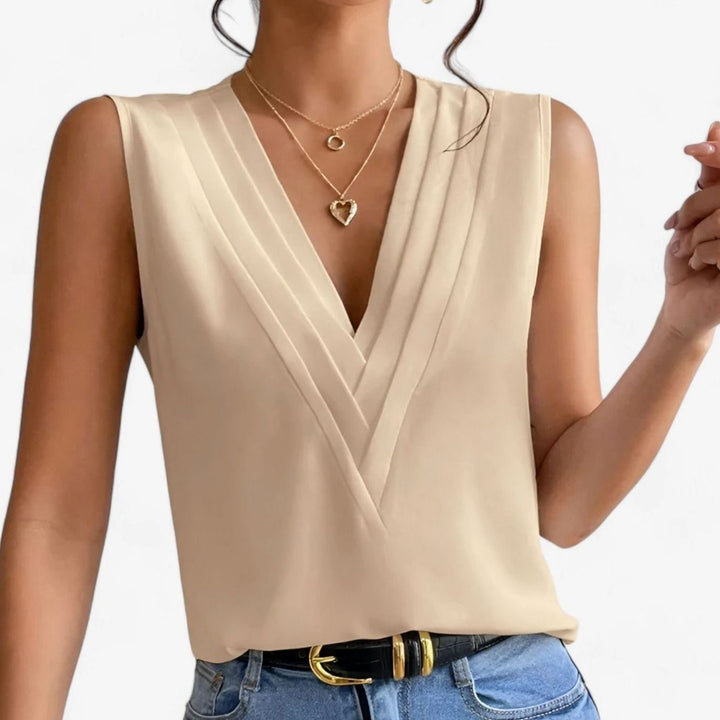 Women's Deep V-Neck Sleeveless Pleated Loose Blouse - Khaki