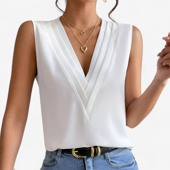 Women's Deep V-Neck Sleeveless Pleated Wrap Blouse - White