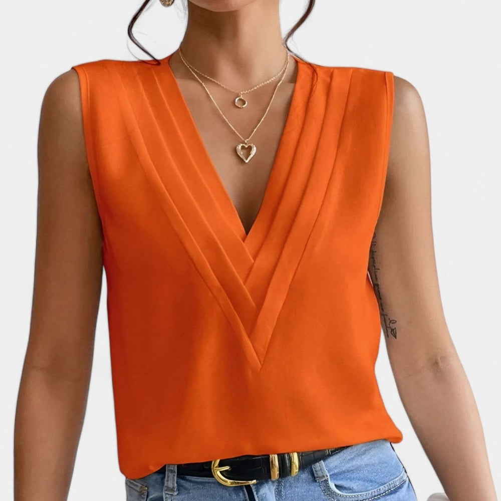 Women's Deep V-Neck Sleeveless Pleated Wrap Blouse - Orange