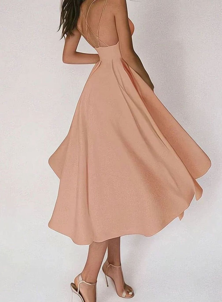 Women's Deep V-Neck Spaghetti Strap Flowy Maxi Dress - Apricot