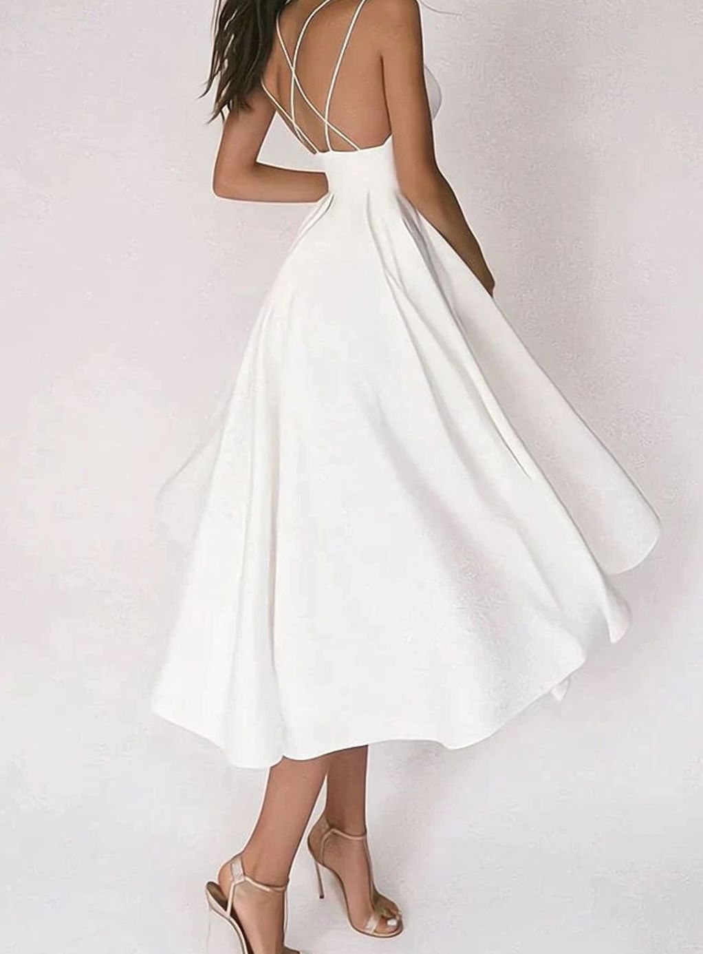 Women's Deep V-Neck Spaghetti Strap Flowy Maxi Dress - White