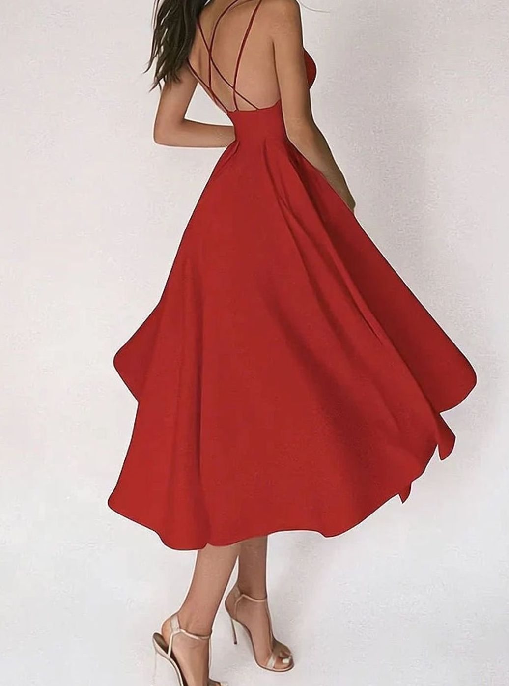 Women's Deep V-Neck Spaghetti Strap Flowy Maxi Dress - Red