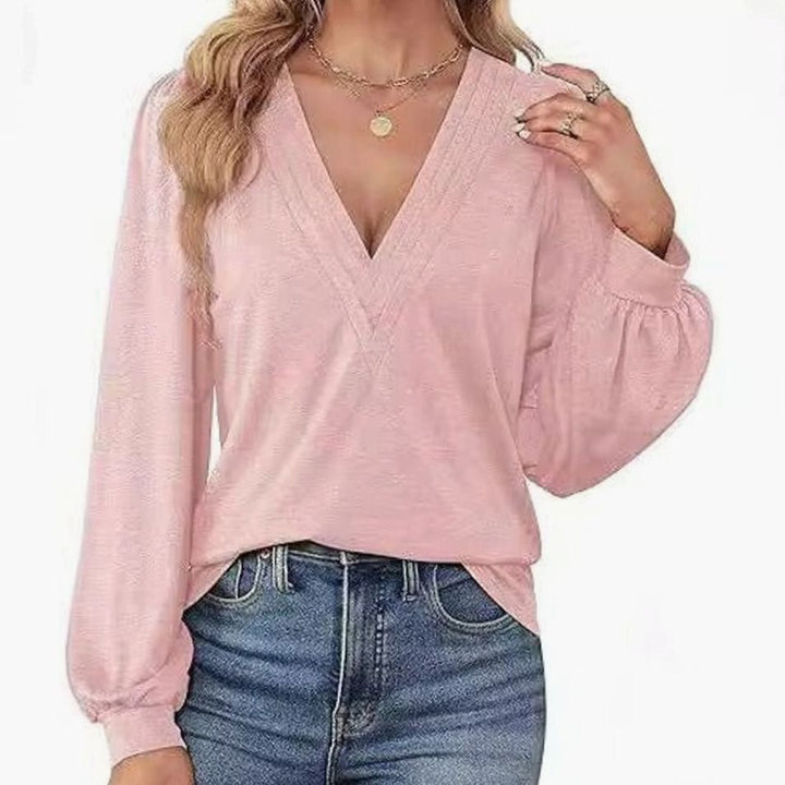Women's Deep V-Neck Wrap-Front Balloon Sleeve Blouse, Pink