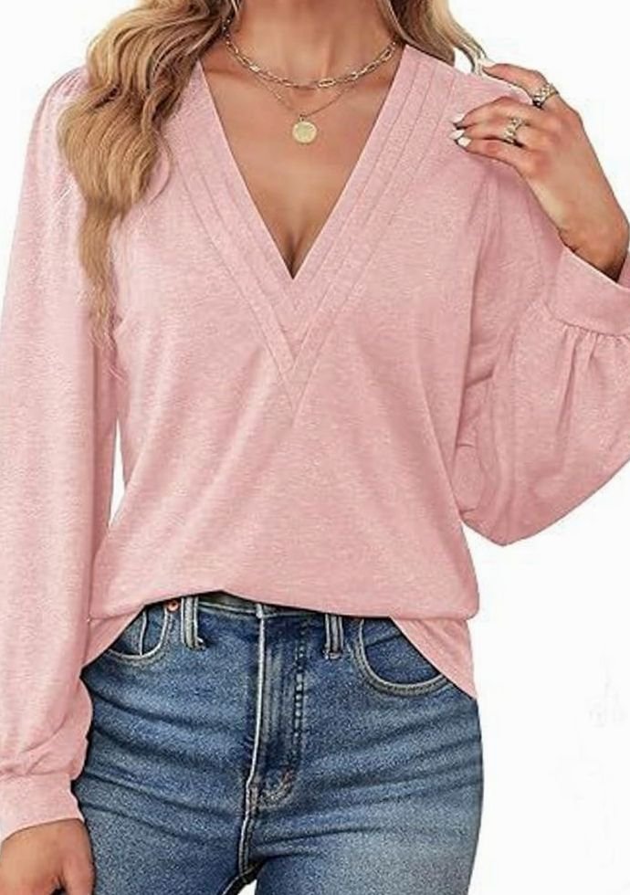 Women's Deep V-Neck Wrap-Front Balloon Sleeve Blouse, Pink