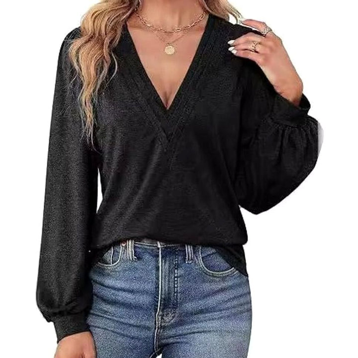 Women's Deep V-Neck Wrap-Front Balloon Sleeve Blouse, Pink - Black