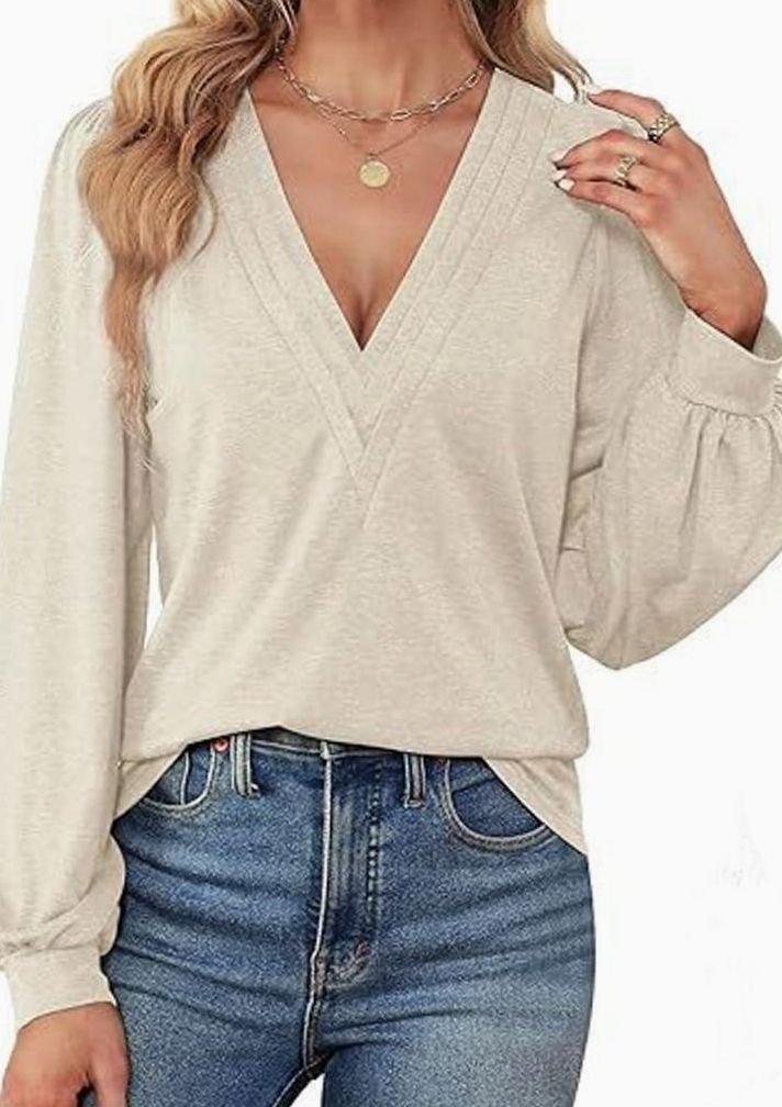 Women's Deep V-Neck Wrap-Front Balloon Sleeve Blouse, Pink