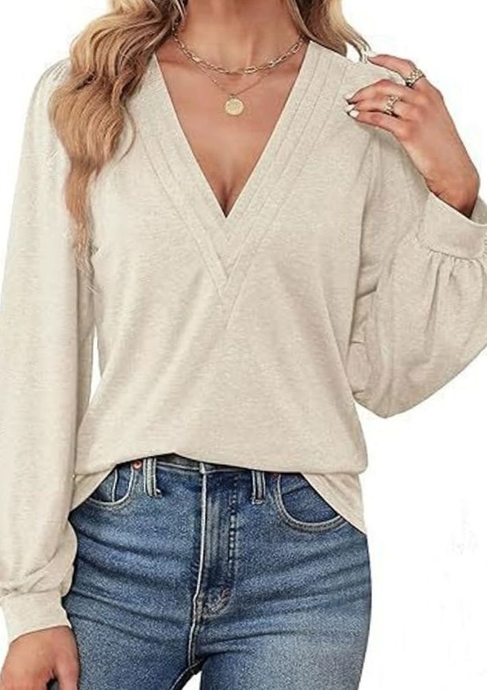 Women's Deep V-Neck Wrap-Front Balloon Sleeve Blouse, Pink - White