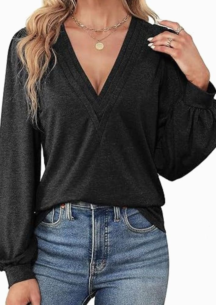 Women's Deep V-Neck Wrap-Front Balloon Sleeve Blouse, Pink