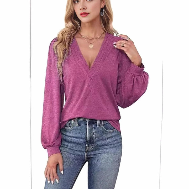 Women's Deep V-Neck Wrap-Front Balloon Sleeve Blouse, Pink