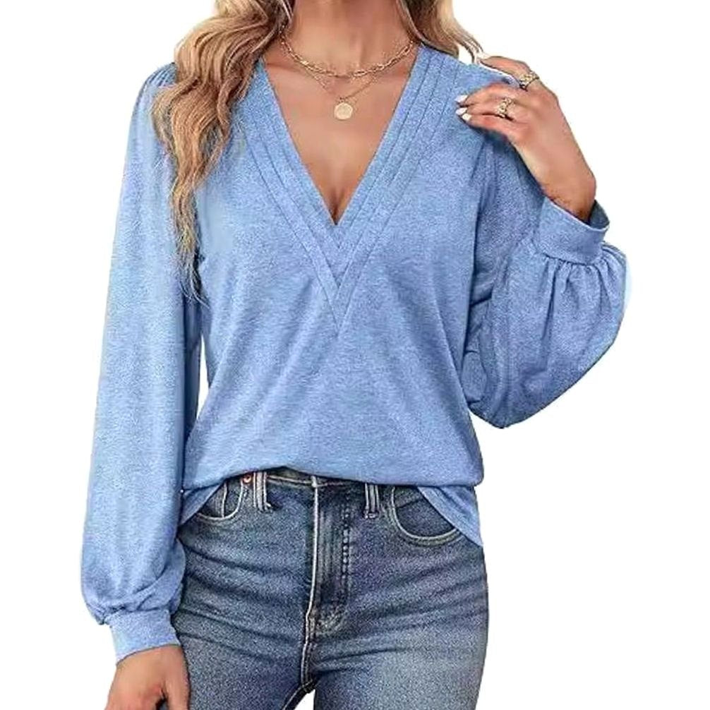 Women's Deep V-Neck Wrap-Front Balloon Sleeve Blouse, Pink