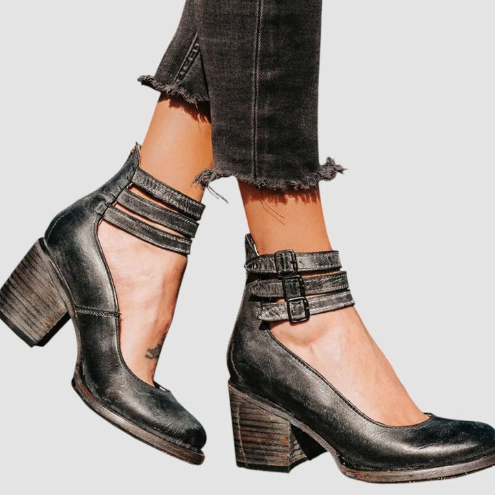Women's Distressed Double-Buckle Ankle-Strap Block Heel Court Shoes - Black