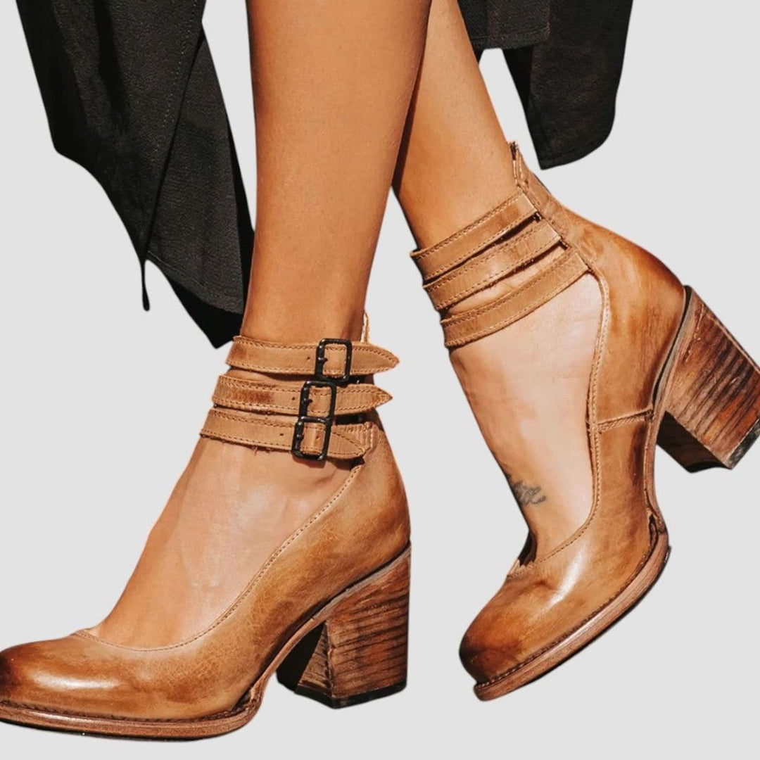 Women's Distressed Double-Buckle Ankle-Strap Block Heel Court Shoes - Brown