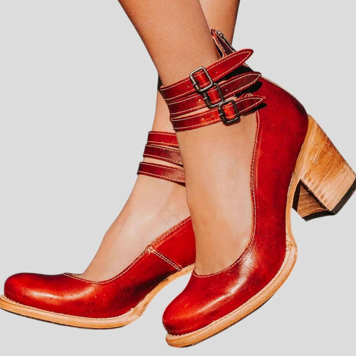 Women's Distressed Double-Buckle Ankle-Strap Block Heel Court Shoes - Red