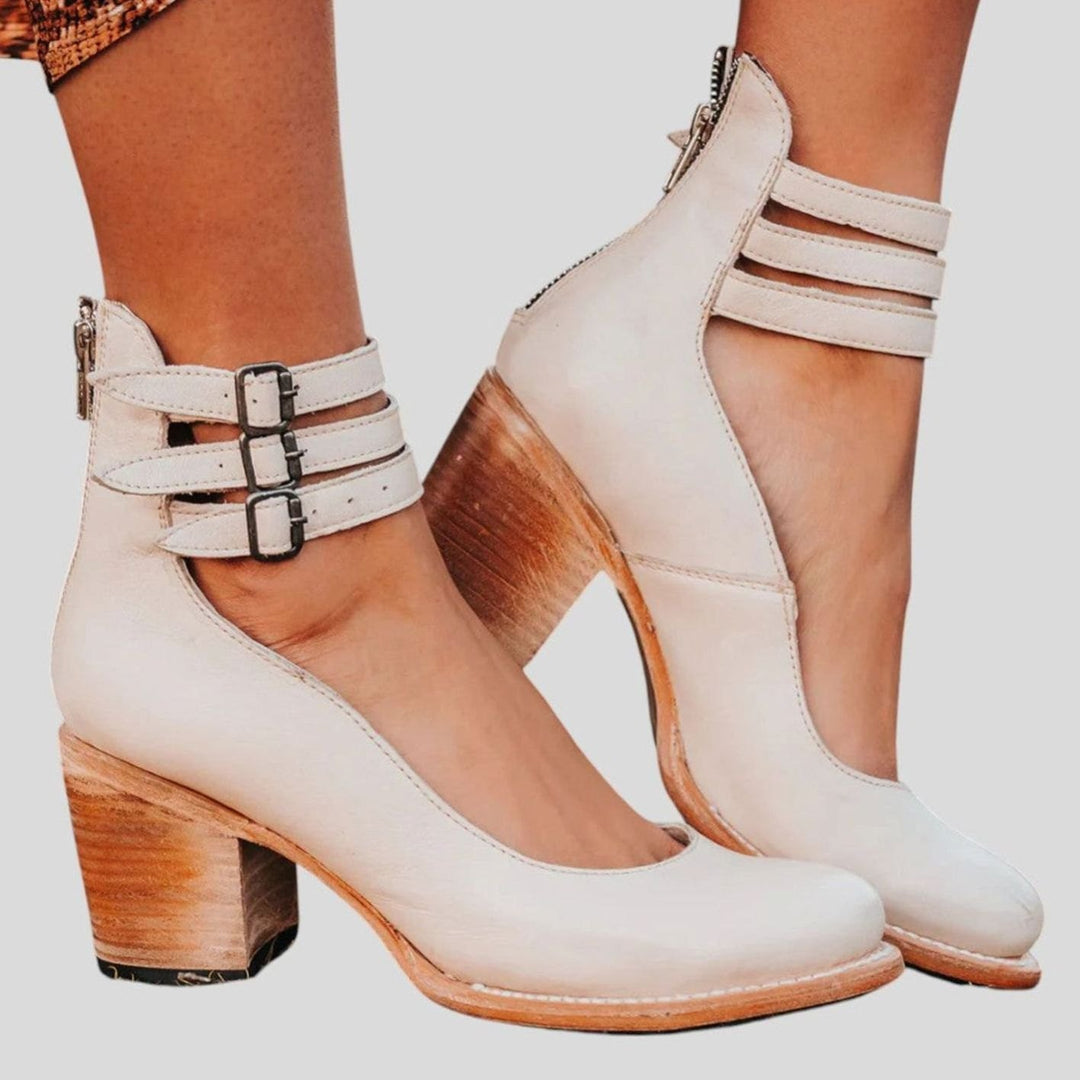 Women's Distressed Double-Buckle Ankle-Strap Block Heel Court Shoes - White