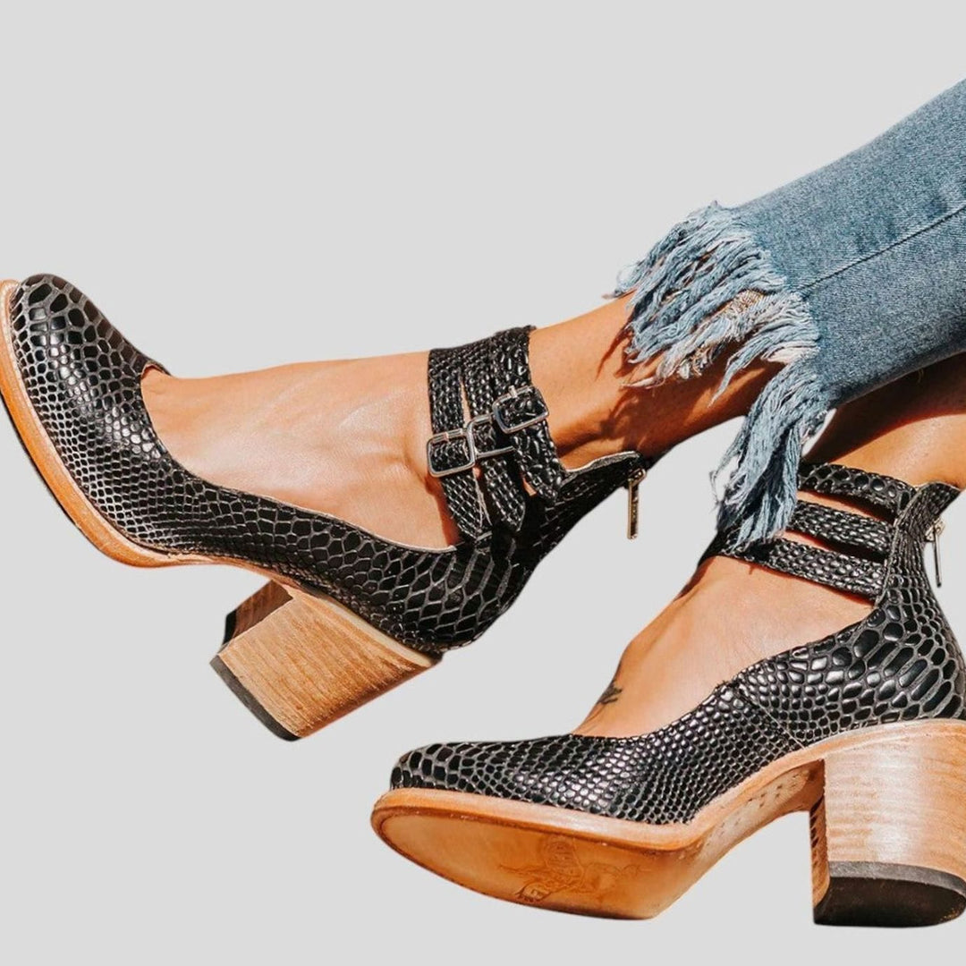 Women's Distressed Double-Buckle Ankle-Strap Block Heel Court Shoes - Black Snake Print