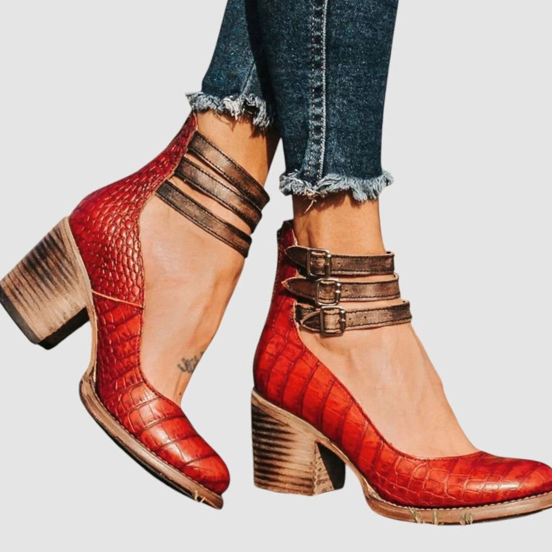Women's Distressed Double-Buckle Ankle-Strap Block Heel Court Shoes - Red Snake Print