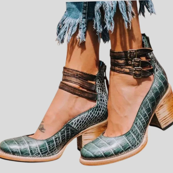 Women's Distressed Double-Buckle Ankle-Strap Block Heel Court Shoes - Green Snake Print